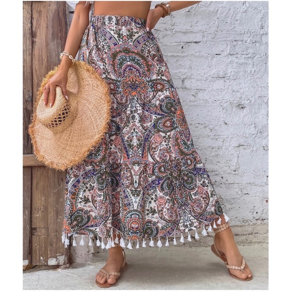 Paisley Print Tassel Hem Maxi Skirt - Picture 6 of 10